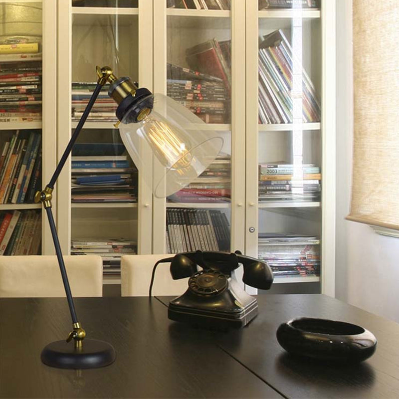 Black One Light Light Lighting Industrial Glass en verre transparent lampe de lecture conique avec bras swing