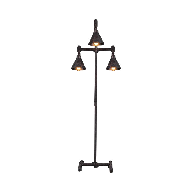 3-Light Iron Floor Light Antique Style Dark Rust Conical Shade Indoor Floor Lamp with Pipe Design