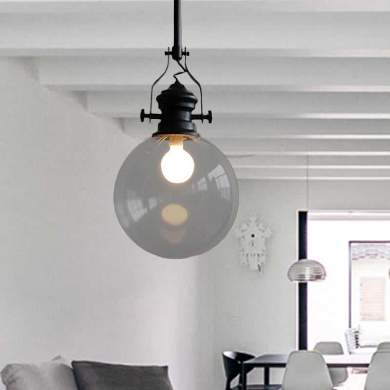 Globe Pendant Light Industrial 8"/10" Wide Single Light Clear Glass Hanging Lamp in Black