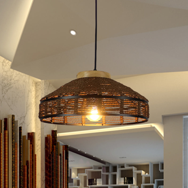 Brown Barn Shade Pendant Light Rustic Single Light Woven Rattan Suspension Lamp with Wooden Cap for Restaurant