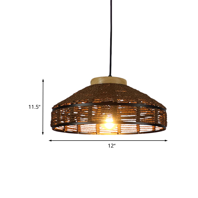 Brown Barn Shade Pendant Light Rustic Single Light Woven Rattan Suspension Lamp with Wooden Cap for Restaurant