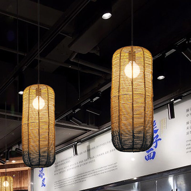 Beige and Blue Curved/Elongated Hanging Light Contemporary 1 Light Hemp Rope Pendant Lighting for Restaurant, 6.5"/8.5"/14" Wide