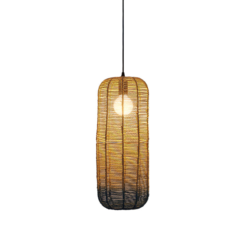 Beige and Blue Curved/Elongated Hanging Light Contemporary 1 Light Hemp Rope Pendant Lighting for Restaurant, 6.5"/8.5"/14" Wide