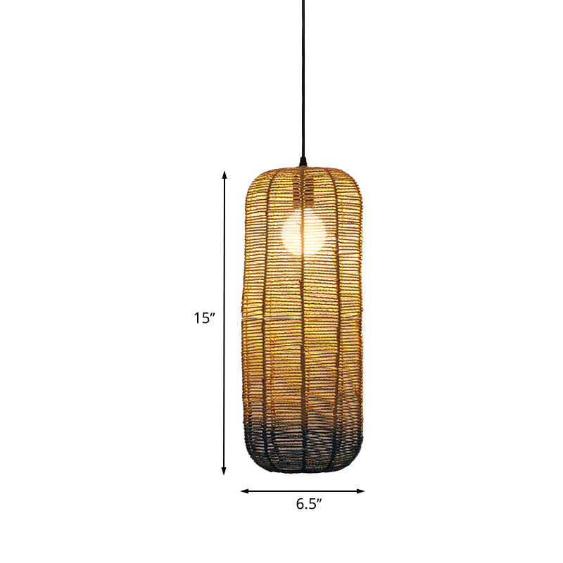 Beige and Blue Curved/Elongated Hanging Light Contemporary 1 Light Hemp Rope Pendant Lighting for Restaurant, 6.5"/8.5"/14" Wide