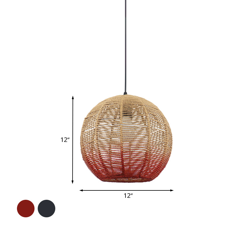 Globe / Elliptical / Barrel / Dome Pendant Lamp Corde paille chinoise 1 ampoule rouge / bleu Lumière suspendue pour le restaurant de la chambre à coucher