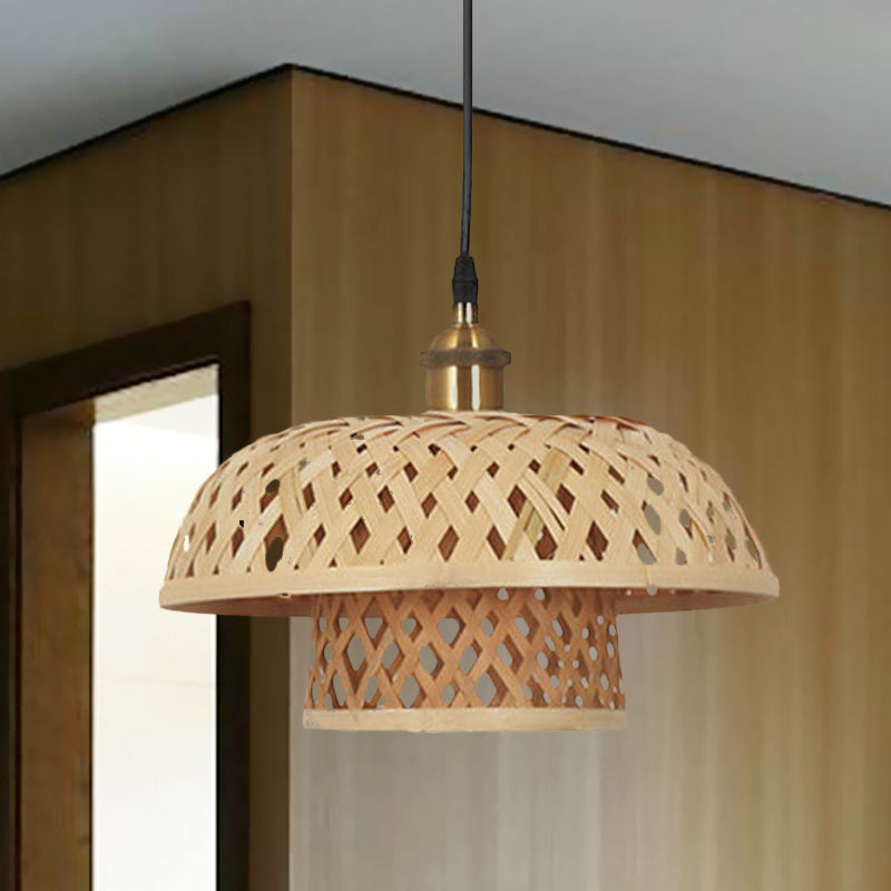 Hand-Worked Bamboo Hanging Light Modern 1 Head Beige Pendant Lamp with Barrel/Dome Shade for Coffee Shop