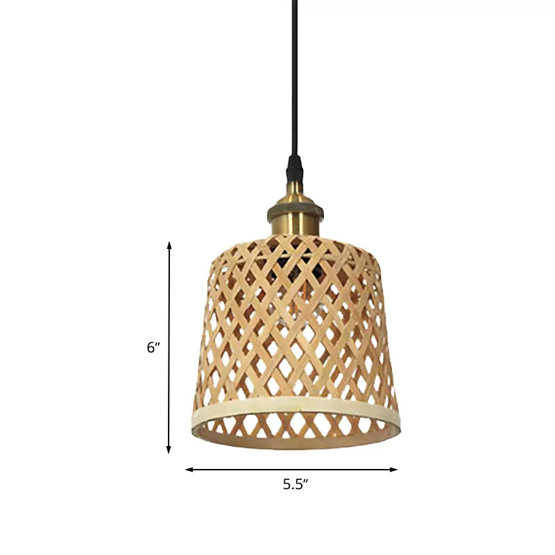 Hand-Worked Bamboo Hanging Light Modern 1 Head Beige Pendant Lamp with Barrel/Dome Shade for Coffee Shop