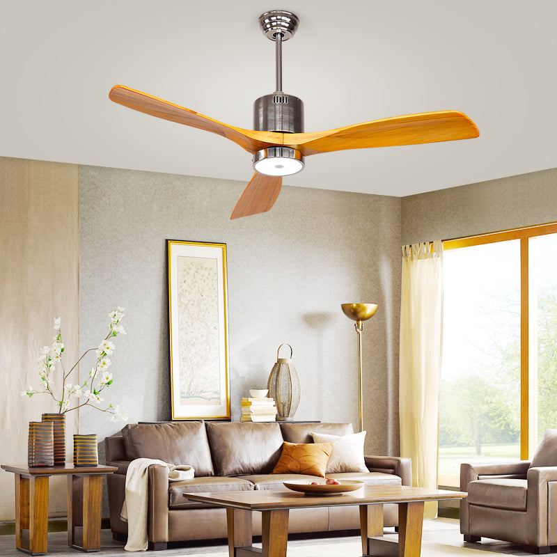 Wood Blade Interior LED Fan Ceiling Fixture Contemporary Chrome Iron Ceiling Fan