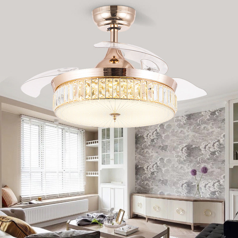 Chrome / Gold LED Crystal Ceiling Fan Fixture Minimalist Drum Fna Lighting Ceiling