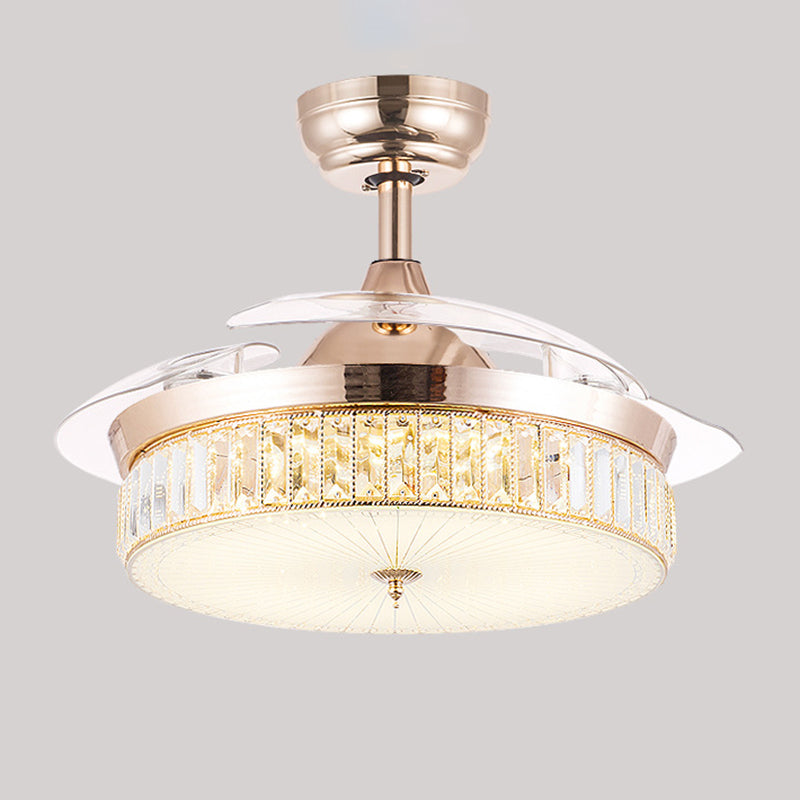 Chrome / Gold LED Crystal Ceiling Fan Fixture Minimalist Drum Fna Lighting Ceiling