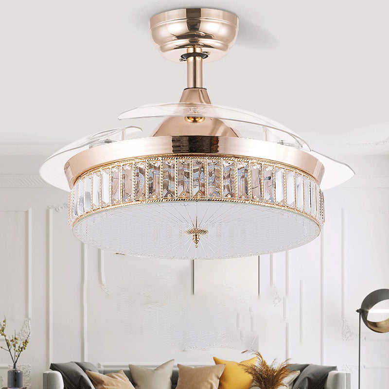 Chrome / Gold LED Crystal Ceiling Fan Fixture Minimalist Drum Fna Lighting Ceiling