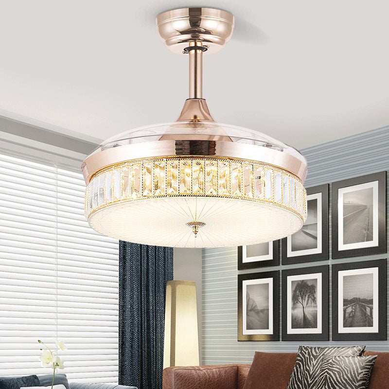 Chrome / Gold LED Crystal Ceiling Fan Fixture Minimalist Drum Fna Lighting Ceiling