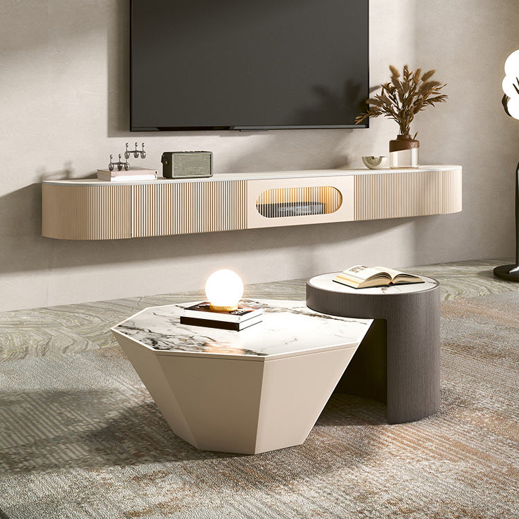 Modern Stone TV Stand Console White Floating TV Media Stand with Drawers for Living Room