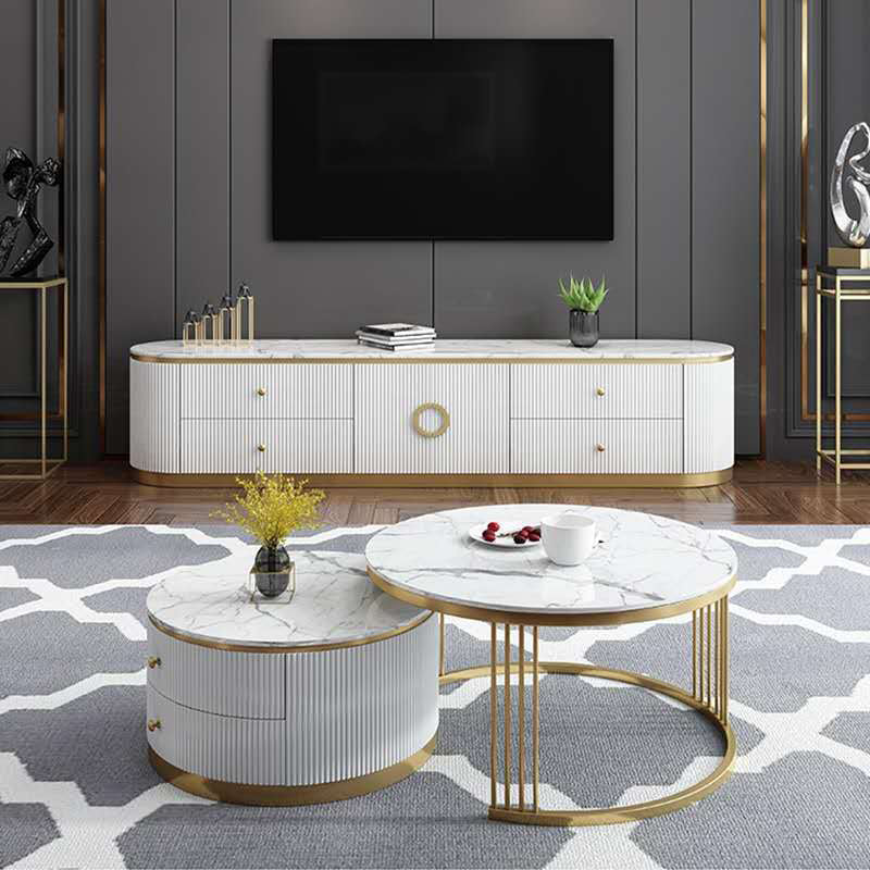 Glam Marble TV Stand Console Enclosed Storage TV Media Stand with Doors for Living Room