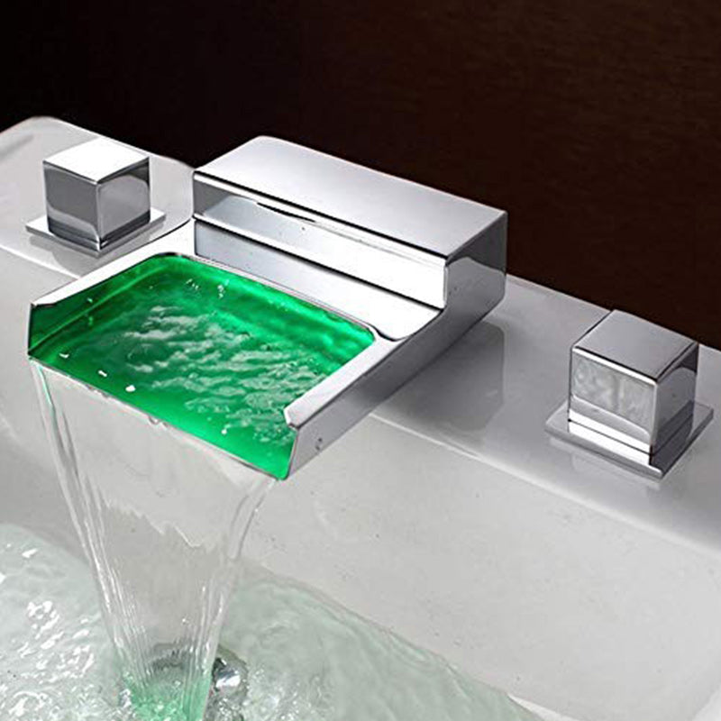 LED Widespread Lavatory Faucet Double Handle Bathroom Faucet Waterfall Spout Faucet