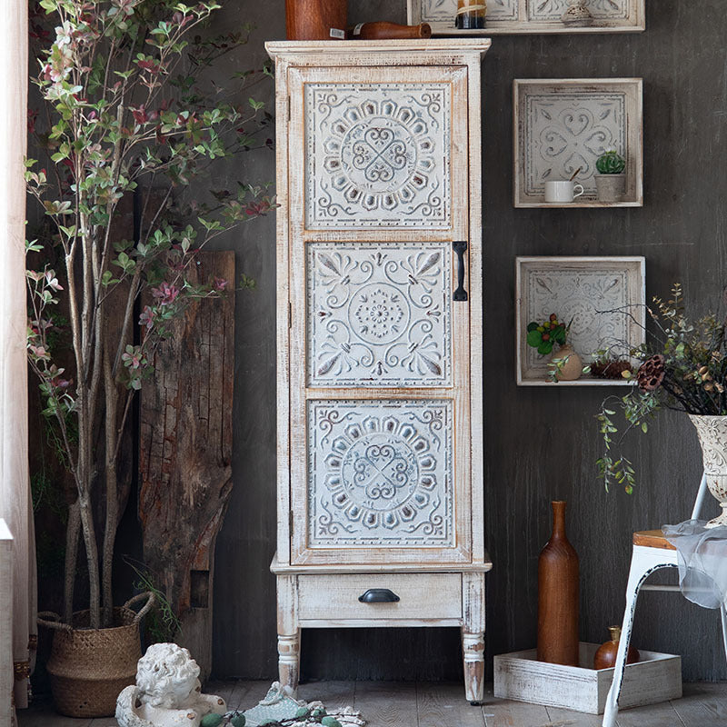 White Industrial Distressed Finish Cabinet with Drawer and Door