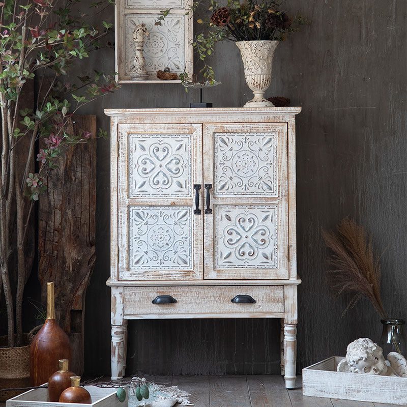 White Industrial Distressed Finish Cabinet with Drawer and Door