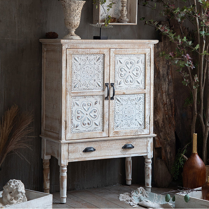 White Industrial Distressed Finish Cabinet with Drawer and Door