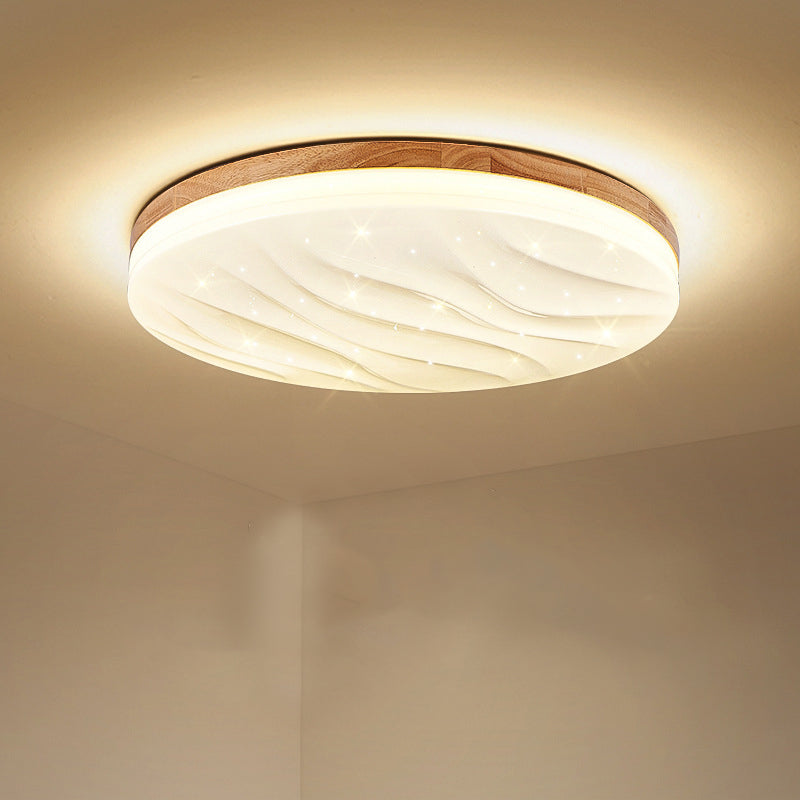 Single Beige Flush Mount Lighting Circle Wooden LED Ceiling Light