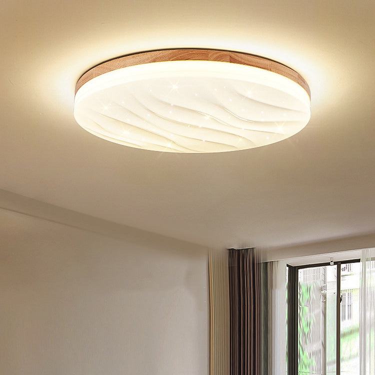 Single Beige Flush Mount Lighting Circle Wooden LED Ceiling Light