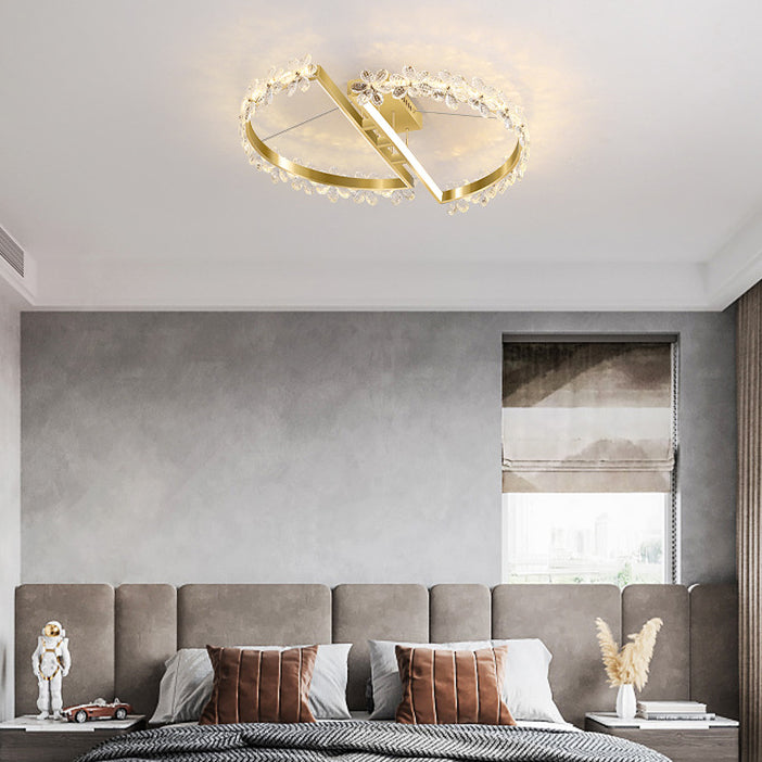 2-Light Golden Flush Mount Lighting Circle Metal LED Ceiling Light with Crystal