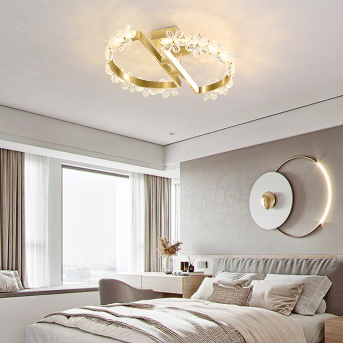 2-Light Golden Flush Mount Lighting Circle Metal LED Ceiling Light with Crystal