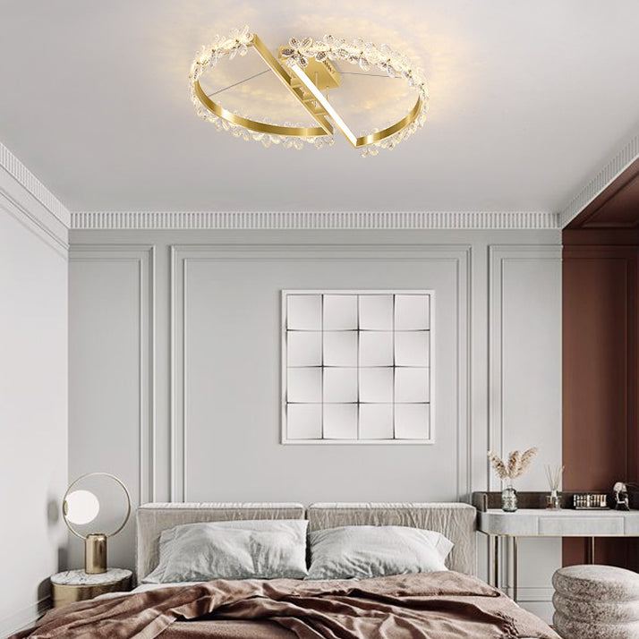 2-Light Golden Flush Mount Lighting Circle Metal LED Ceiling Light with Crystal