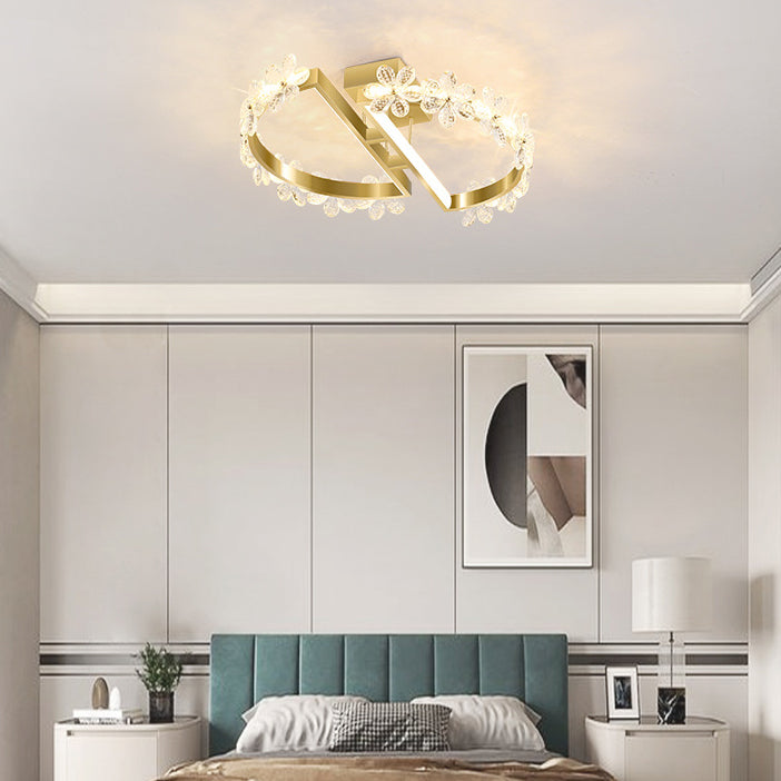 2-Light Golden Flush Mount Lighting Circle Metal LED Ceiling Light with Crystal