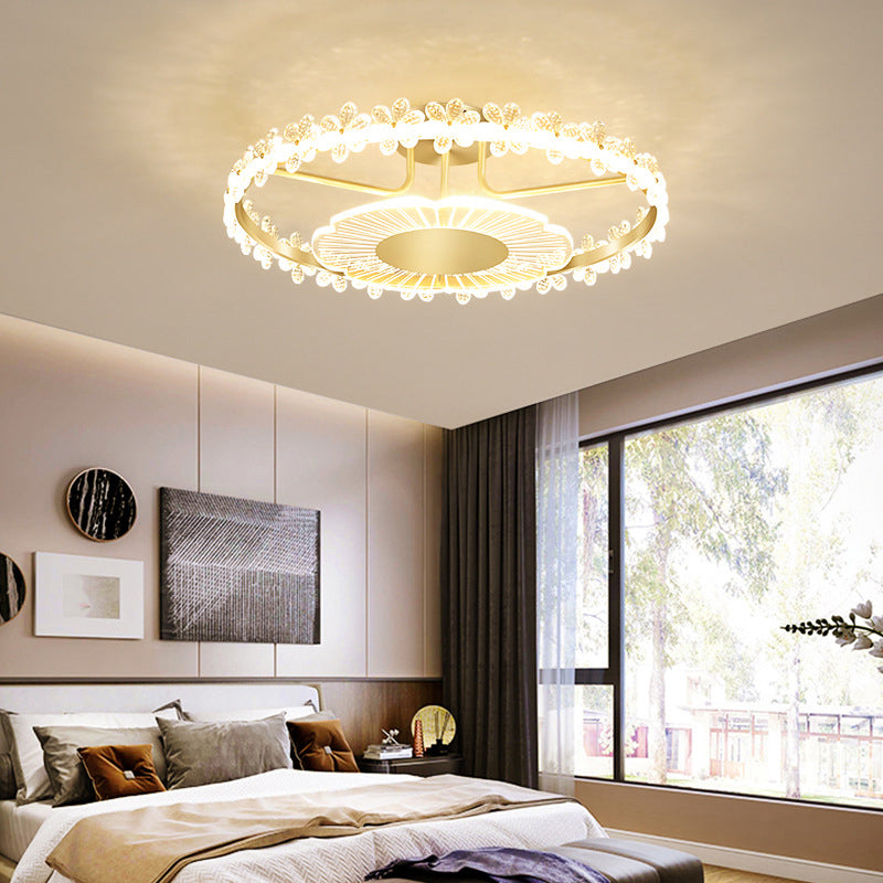 2-Light Golden Flush Mount Lighting Metal LED Ceiling Light with Crystal