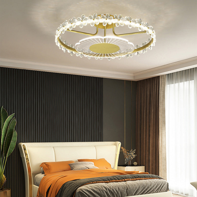 2-Light Golden Flush Mount Lighting Metal LED Ceiling Light with Crystal