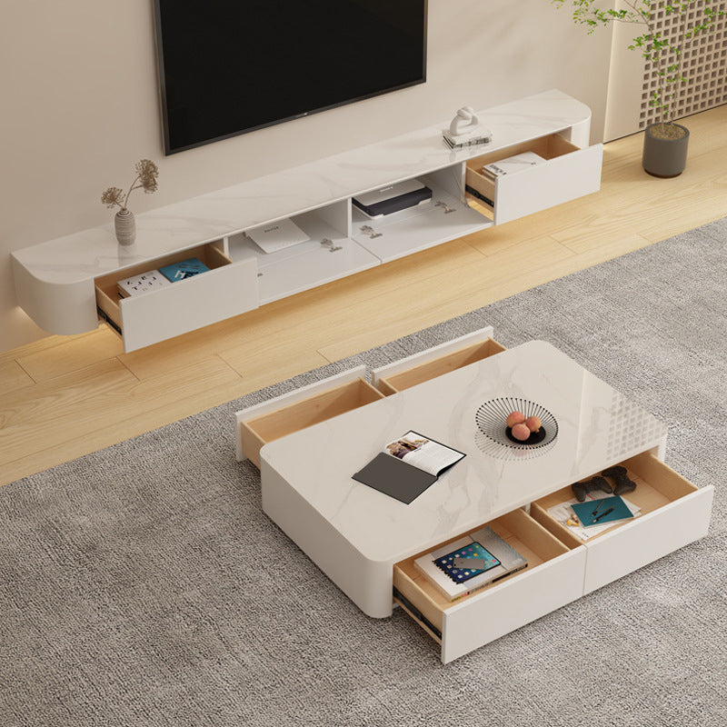 Contemporary Stone TV Stand Console White Floating TV Media Stand for Living Room