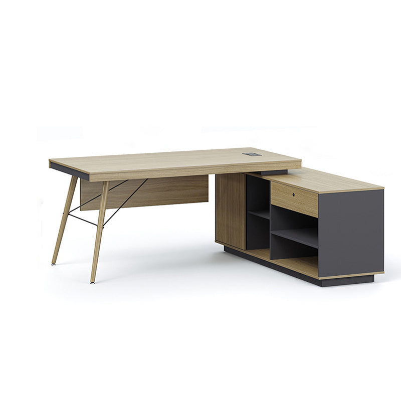 Wooden Writing Desk Natural L-Shape with Drawer Executive Desk Cable Management