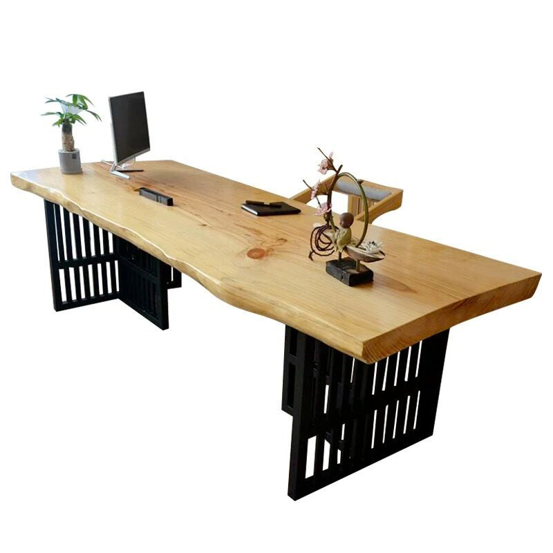 Natural and Black Office Desk Industrial Writing Desk with Metal Legs