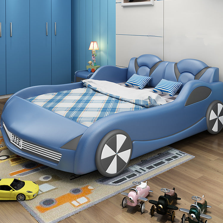 Modern Leather Platform Bed Low Profile Blue Headboard Cars Theme Bed