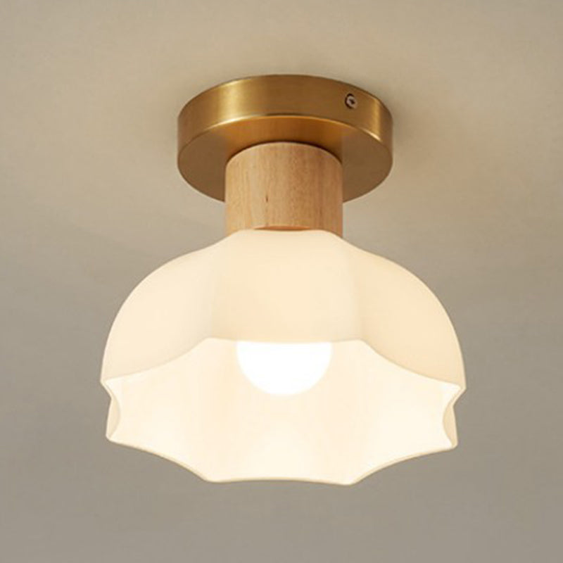 1-Light Ceiling Light Modern Wooden Ceiling Mount Light with Glass Shade for Living Room