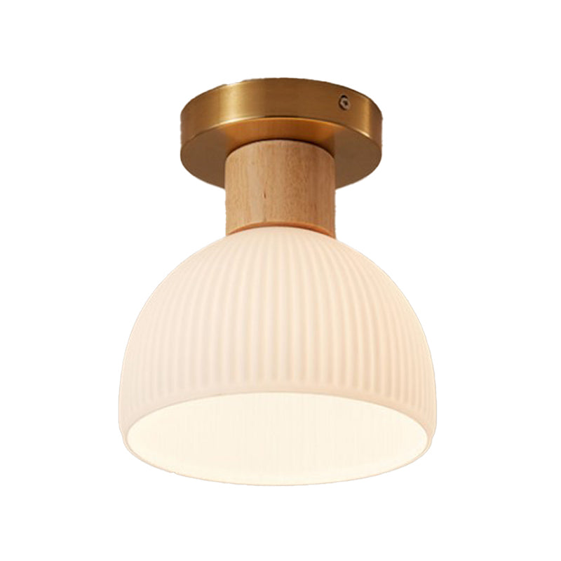 1-Light Ceiling Light Modern Wooden Ceiling Mount Light with Glass Shade for Living Room