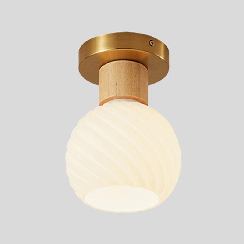 1-Light Ceiling Light Modern Wooden Ceiling Mount Light with Glass Shade for Living Room