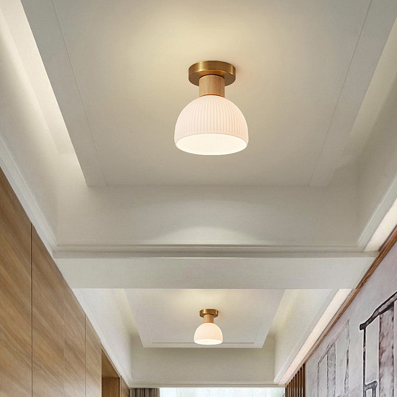 1-Light Ceiling Light Modern Wooden Ceiling Mount Light with Glass Shade for Living Room