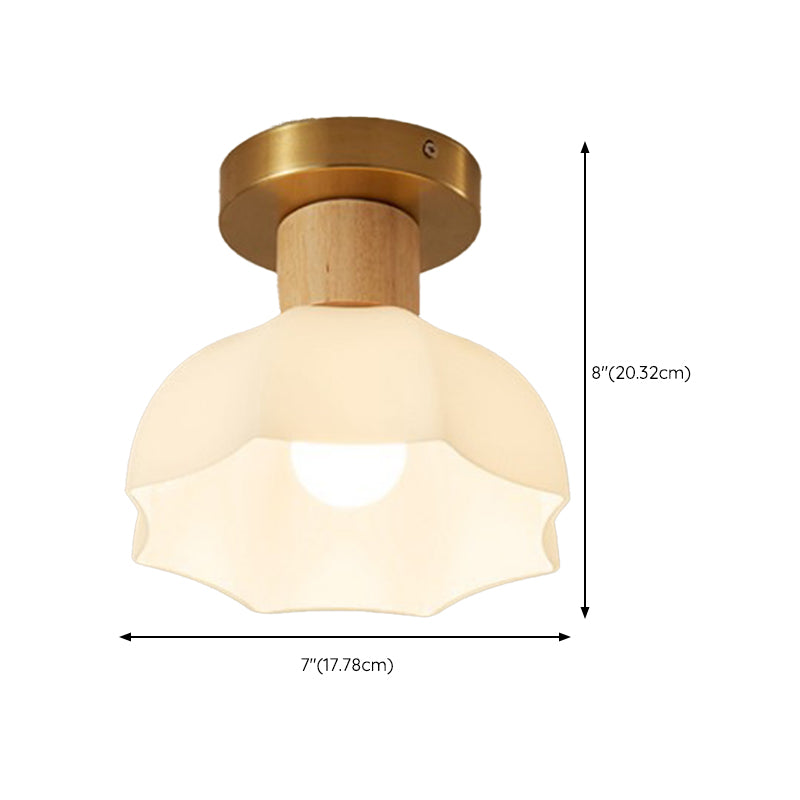 1-Light Ceiling Light Modern Wooden Ceiling Mount Light with Glass Shade for Living Room