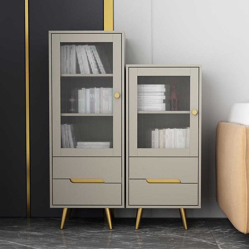 Modern Storage Cabinet Faux Wood Display Cabinet with Glass Doors and 2 Drawer for Bedroom