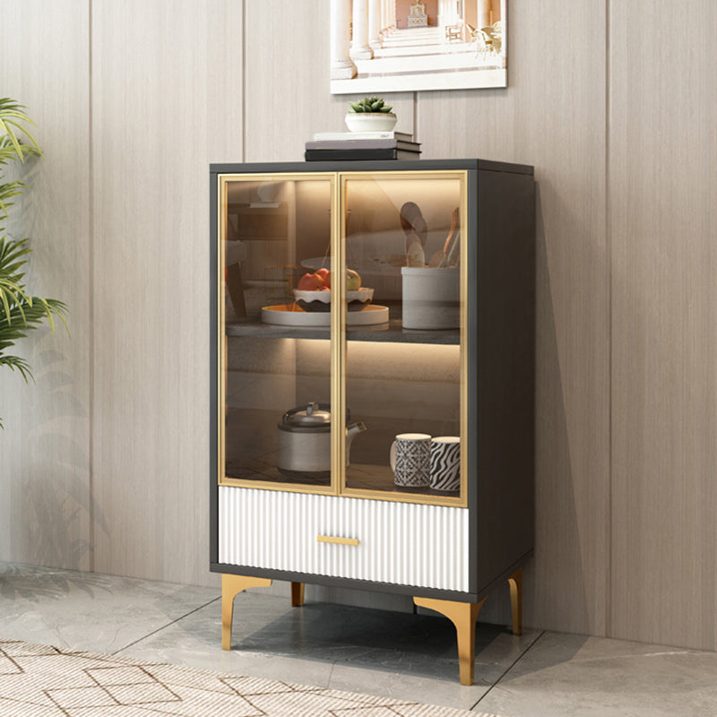 Modern Display Cabinet Faux Wood Storage Cabinet with Glass Doors for Living Room