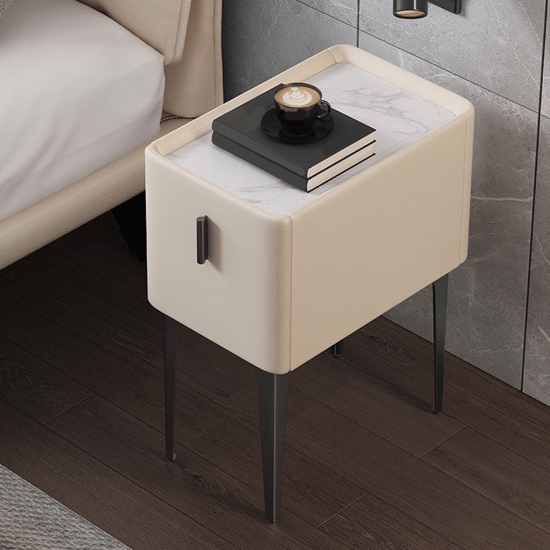 Contemporary Stone Accent Table Nightstand 19.68" Tall 1 Drawer Bed Nightstand