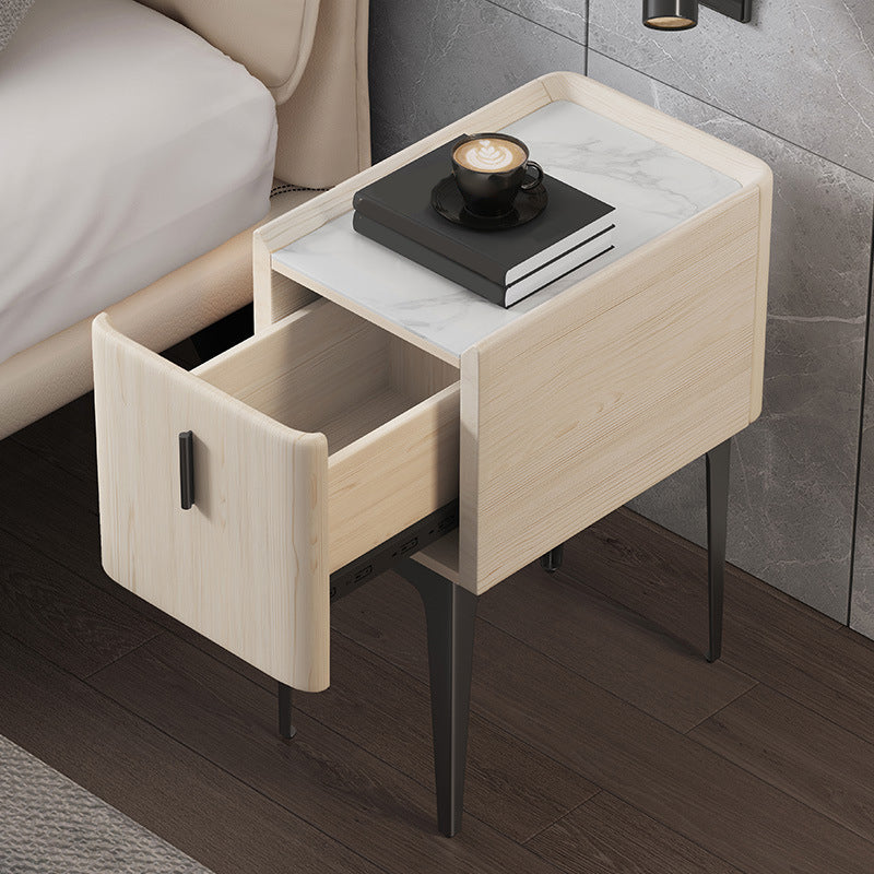 Contemporary Stone Accent Table Nightstand 19.68" Tall 1 Drawer Bed Nightstand