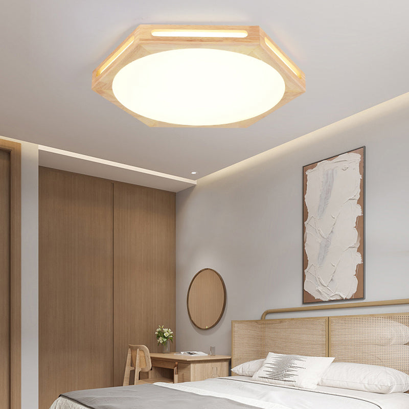 LED Modern Wood Flush Mount Hexagon Shape Ceiling Light with Acrylic Shade for Living Room