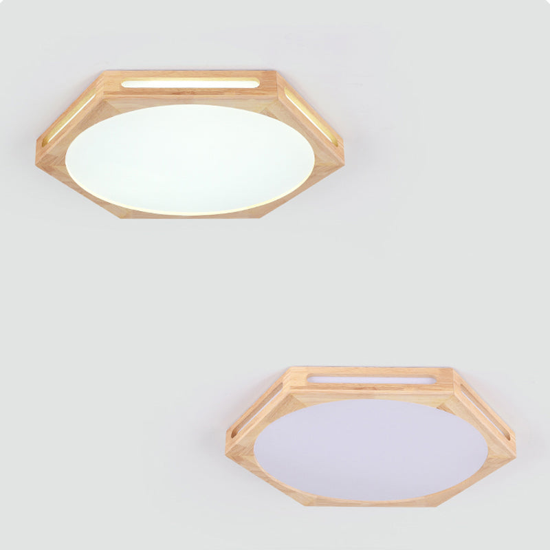 LED Modern Wood Flush Mount Hexagon Shape Ceiling Light with Acrylic Shade for Living Room