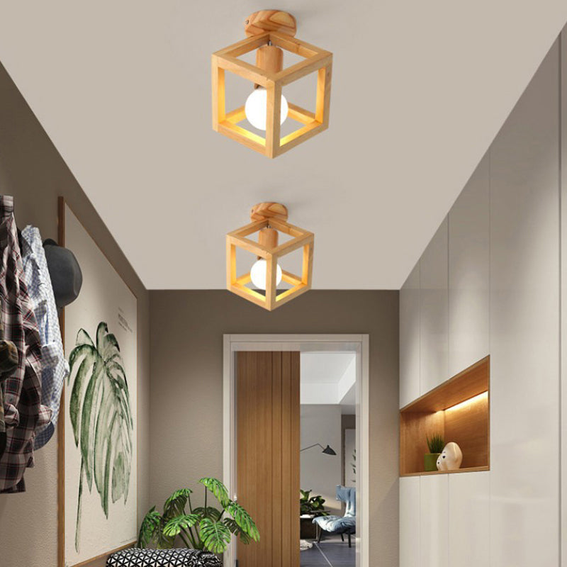 Modern Style Flush Mount 1-Light Wood Ceiling Light in Yellow for Aisle