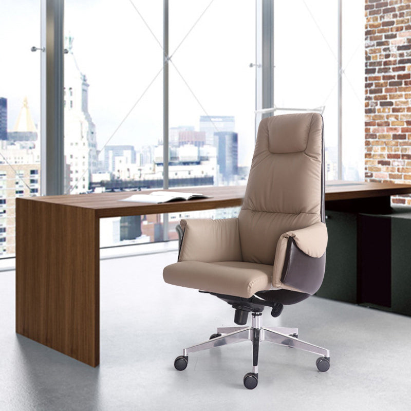 High Back Taupe Leather Office Chair Chrome Frame Task Chair