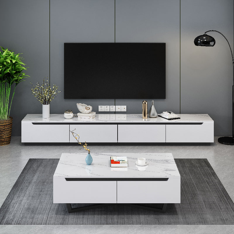 Contemporary White TV Stand Enclosed Storage TV Console with Drawers