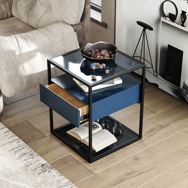 Industrial Drawers Included Bedside Cabinet Glass and Metal Nightstand for Bedroom