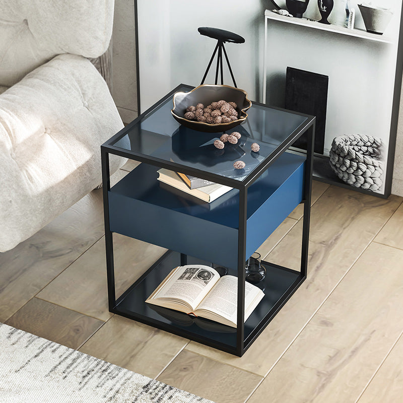 Industrial Drawers Included Bedside Cabinet Glass and Metal Nightstand for Bedroom